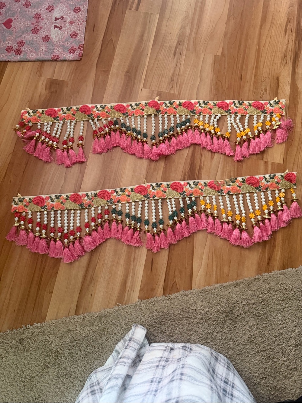 Door Embroidered Floral Tassel Trim with Pink Fringe